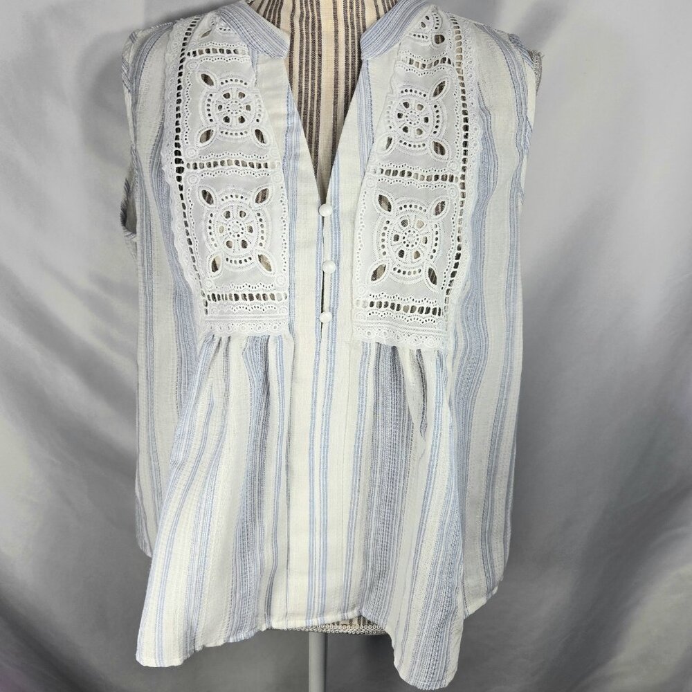 Shein NWOT Blue & White Vertical Striped Sleeveless Top w/Lace Accents Sz Large